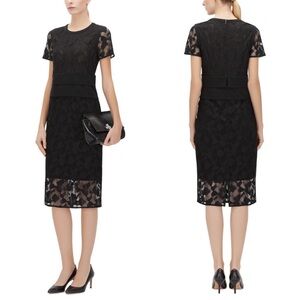 BOSS Hugo Boss Black Lace Evening Cocktail Dress Sheer Sleeves Double Waistband